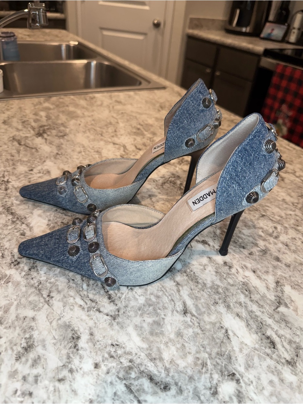 Steve Madden Denim Pointed-Toe Stiletto Heels with Silver Studs